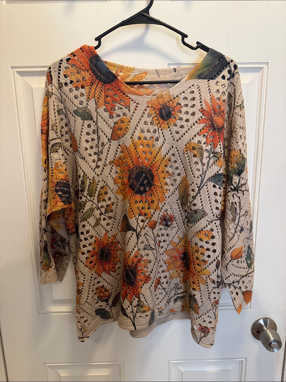 SHEIN Beige Knit V-Neck Sweater with Orange Sunflower Print